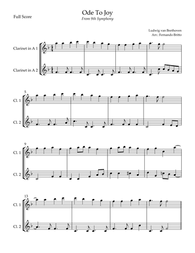 Ode To Joy Theme (from Beethoven's 9th Symphony) for Clarinet in A Duo (arr. Fernando Britto)
