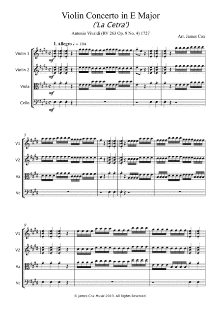 Violin Concerto in E Major - (String Quartet) - Antonio Vivaldi (RV 263 Op. 9 No. 4) (arr. James Cox)