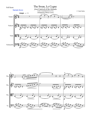 The Swan, LE CYGNE - String Quartet, Early Intermediate Level for 2 violins, viola and cello (arr. Sherry Lewis)