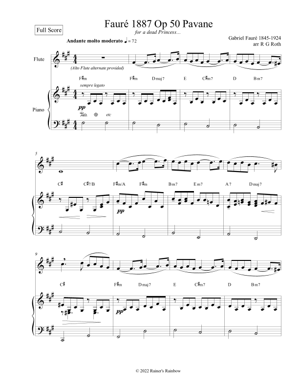 Fauré 1887 Op 50 Pavane Flute or Alto Flute Solo (arr. R G Roth)