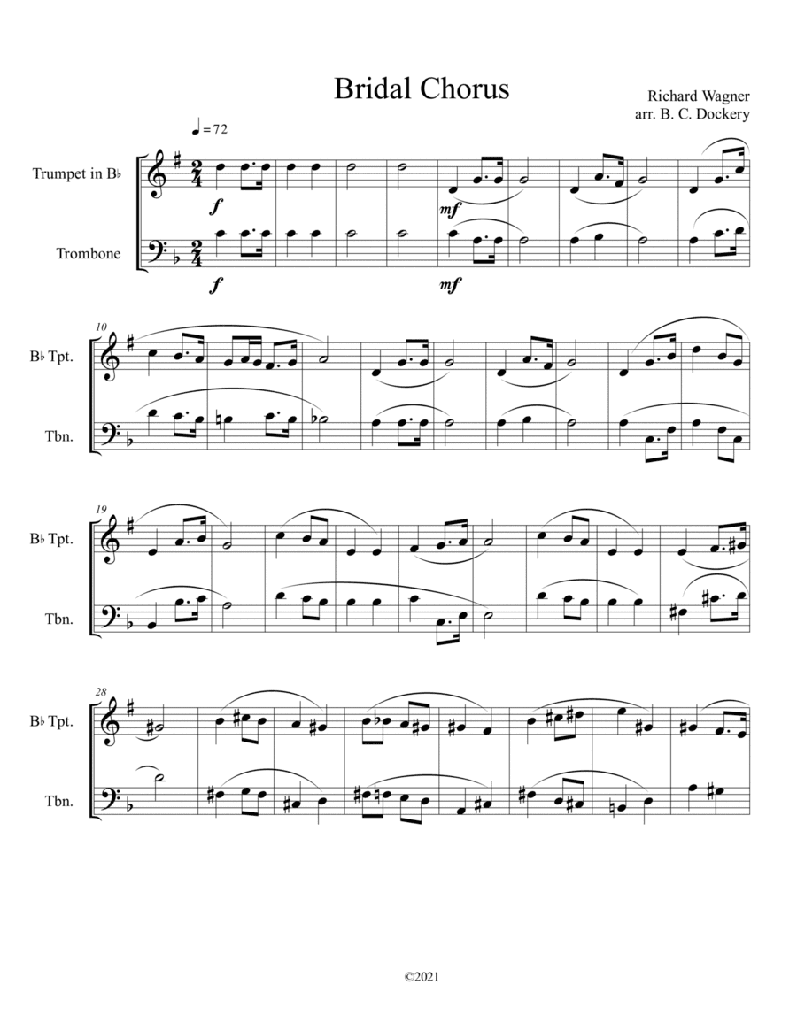 Bridal Chorus (Here Comes the Bride) for Trumpet and Trombone Duet (arr. B. C. Dockery)