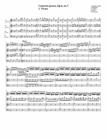 Concerto grosso, Op.6, no.7 (arrangement for 4 recorders) (arr. Gil Garty)