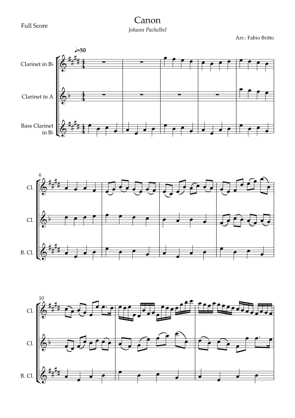 Canon - Johann Pachelbel (Wedding/Reduced Version) for Clarinet Trio (arr. Fabio Britto)