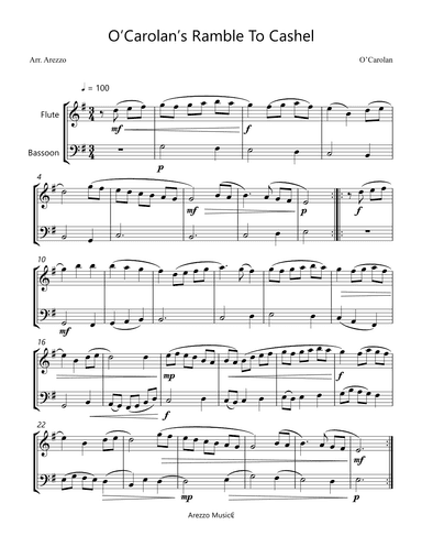 turlough'o carolan o'carolan ramble to cashel - flute and bassoon sheet music (arr. Arezzo Music)