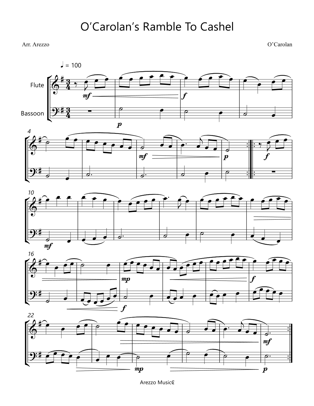 turlough'o carolan o'carolan ramble to cashel - flute and bassoon sheet music (arr. Arezzo Music)