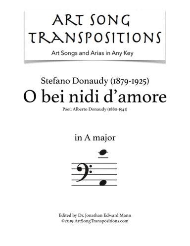 DONAUDY: O bei nidi d'amore (transposed to A major, bass clef) (arr. ArtSongTranspositions.com)