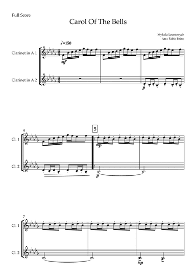 Carol Of The Bells (Mykola Leontovych) for Clarinet in A Duo (arr. Fabio Britto)
