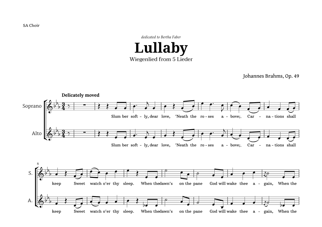 Lullaby by Brahms for SA Choir (arr. Langanho)