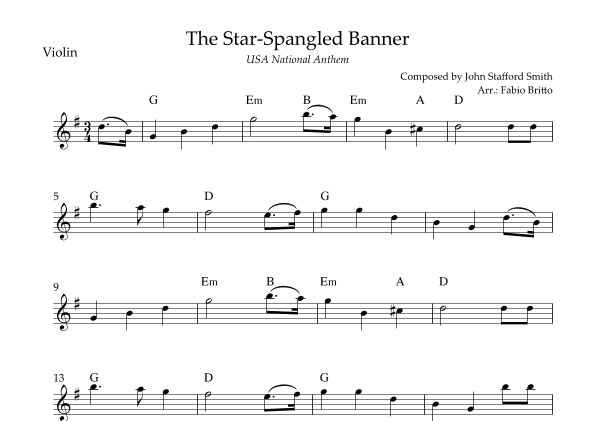 The Star Spangled Banner (USA National Anthem) for Violin Solo with Chords (G Major) (arr. Fabio Britto)