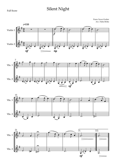 Silent Night (Christmas Song) for Violin Duo (arr. Fabio Britto)