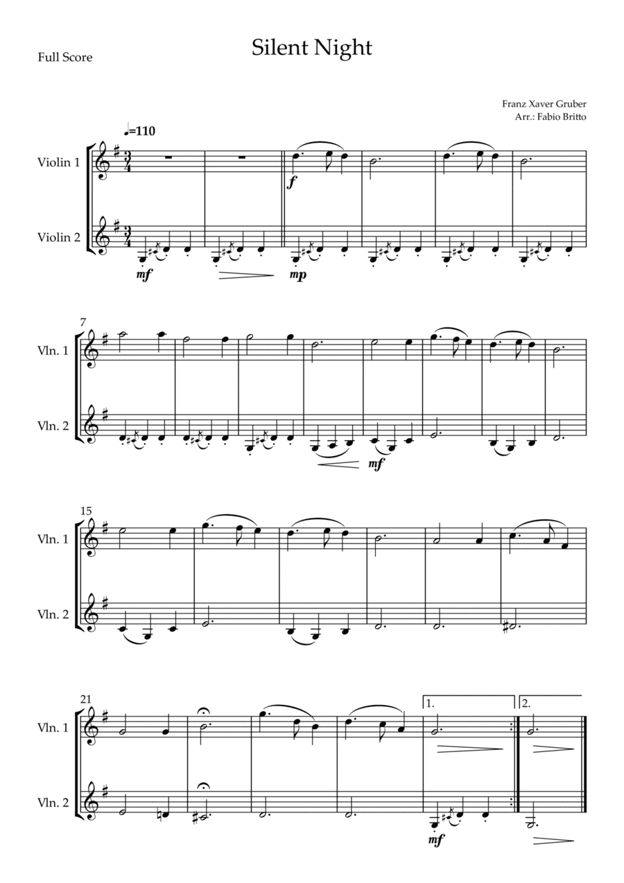 Silent Night (Christmas Song) for Violin Duo (arr. Fabio Britto)