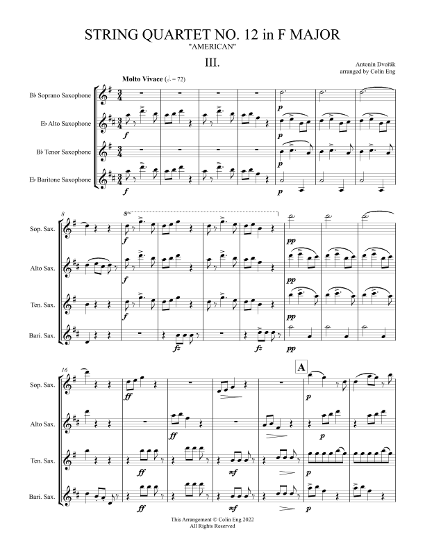 String Quartet No. 12 in F Major, "American" for Saxophone Quartet MOVEMENT III (arr. Colin Eng)