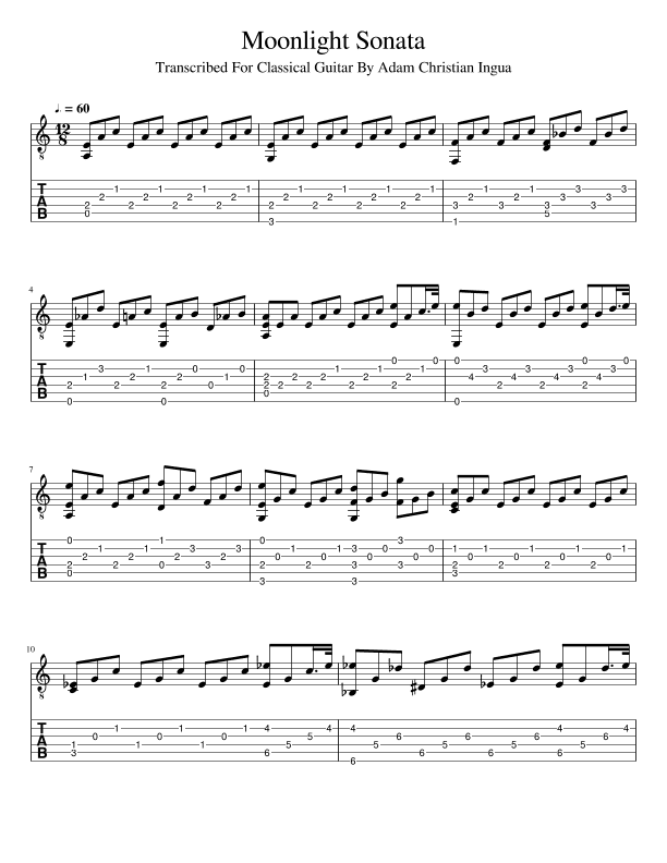 Moonlight Sonata easy tabs for Guitar (arr. Adam Christian Ingua)