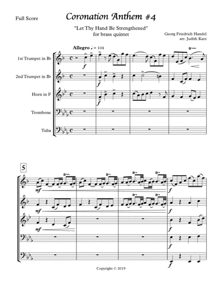Coronation Anthem #4 - Let Thy Hand Be Strengthened - for brass quintet (arr. Judith Katz)