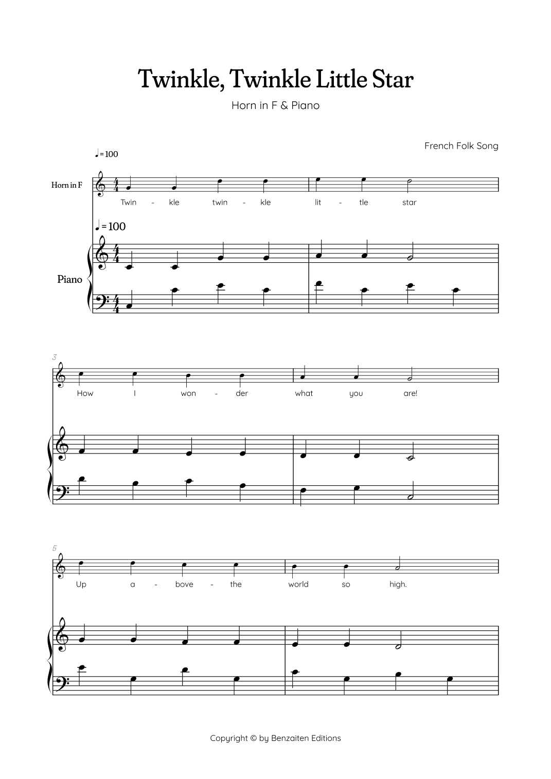 Twinkle, Twinkle Little Star • Easy french horn sheet music with easy piano accompaniment (arr. Benzaiten Editions)