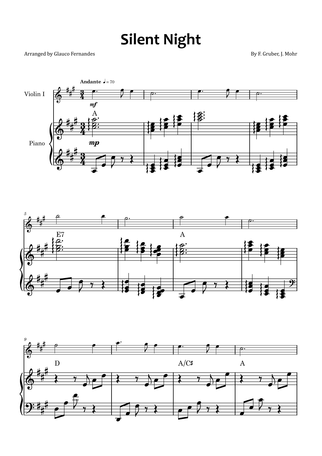 Silent Night - Violin and piano with chord symbols (arr. Glauco Fernandes)