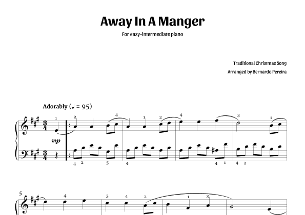 Away In A Manger (easy-intermediate piano – A major) (arr. Bernardo Pereira)