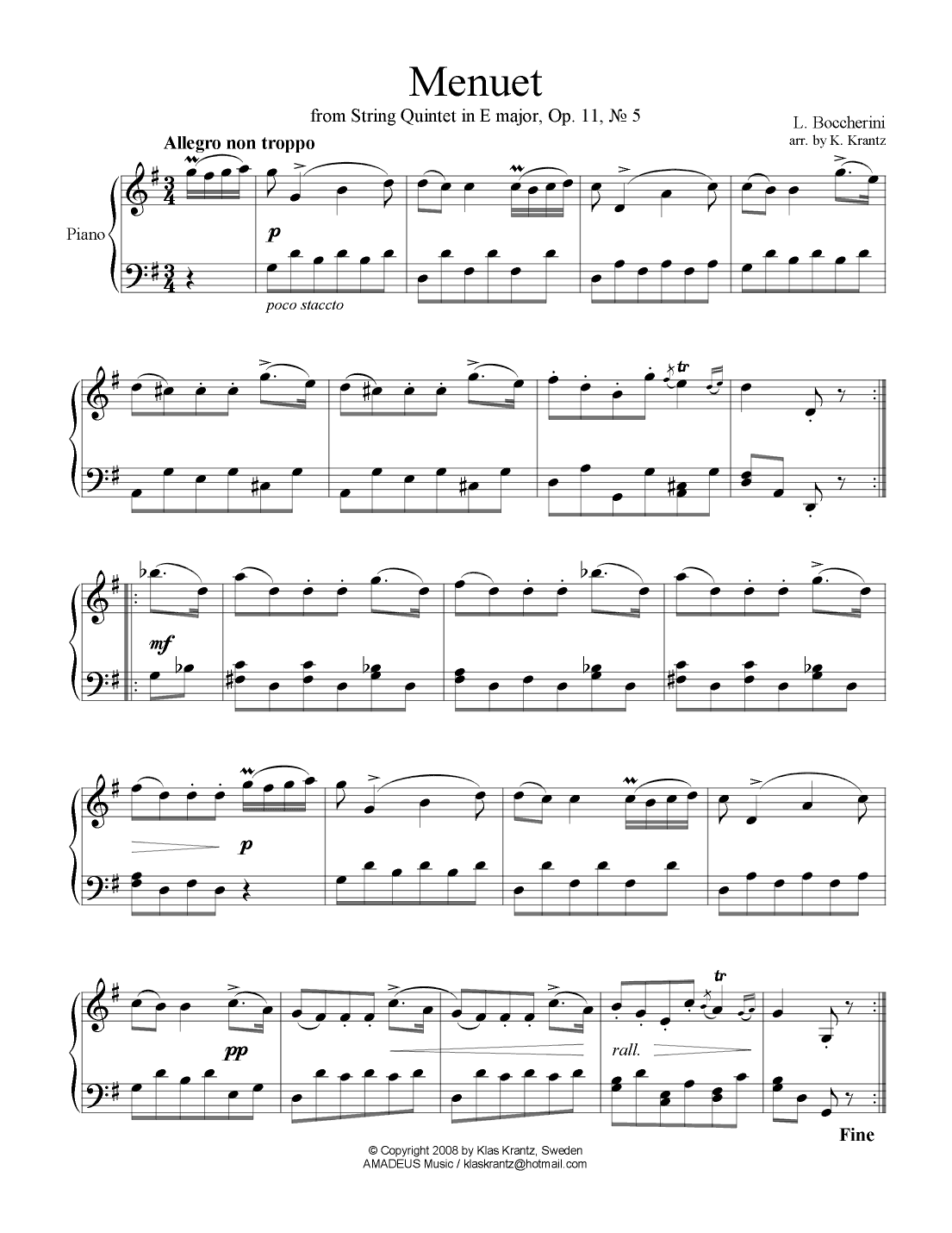 Menuet/Minuet by Boccherini for easy piano solo (arr. K. Krantz)