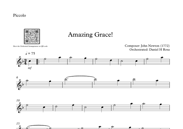 Amazing Grace How Sweet the sound - Easy Piccolo (arr. Daniel H Rosa)