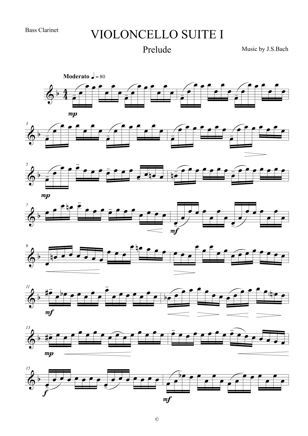 Prelude from Violoncello Suite I by J.S.Bach for Bass Clarinet (arr. The Sheet Music Library)