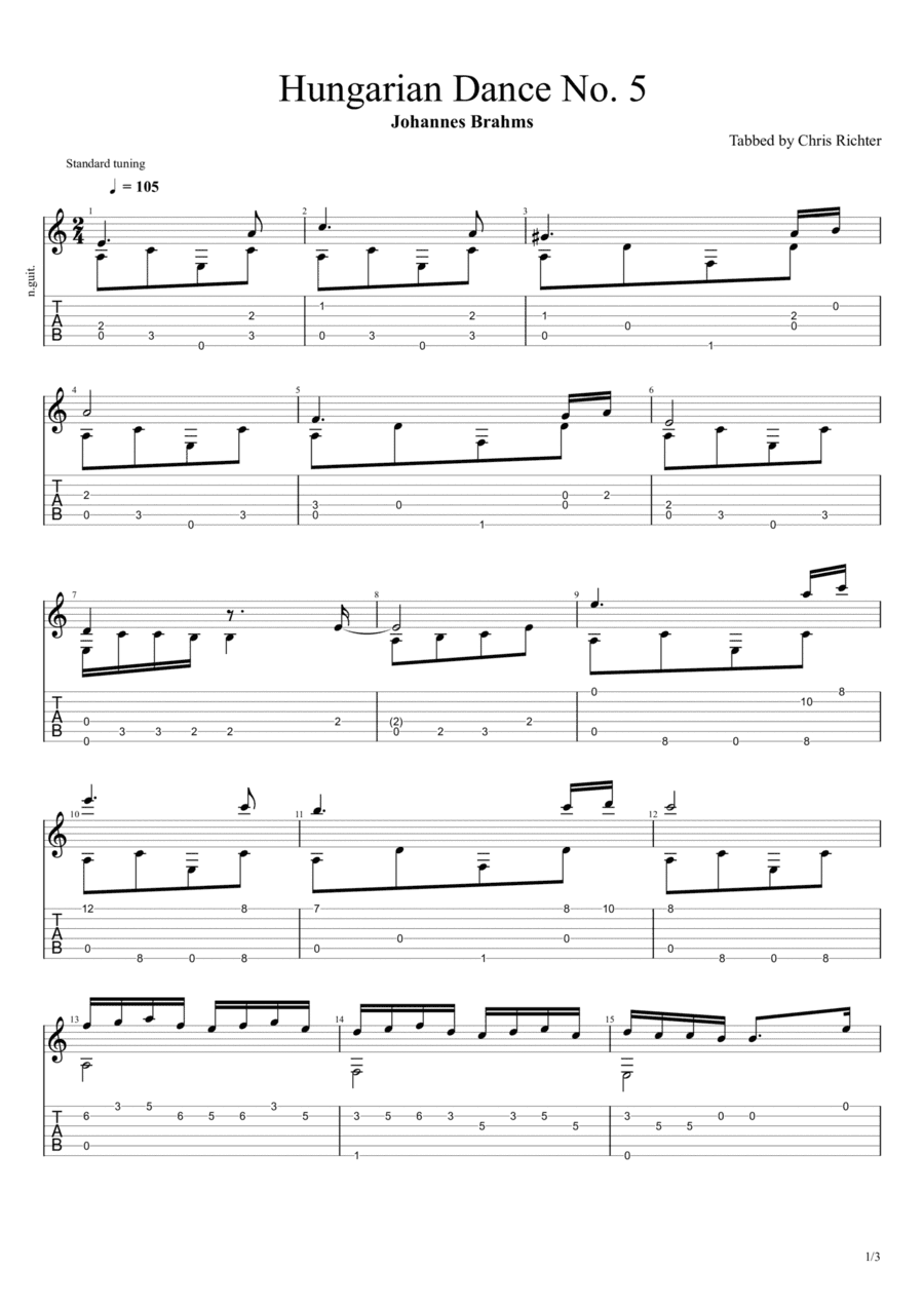 Hungarian Dance No. 5 (Solo Fingerstyle Guitar Tab) (arr. Chris Richter)