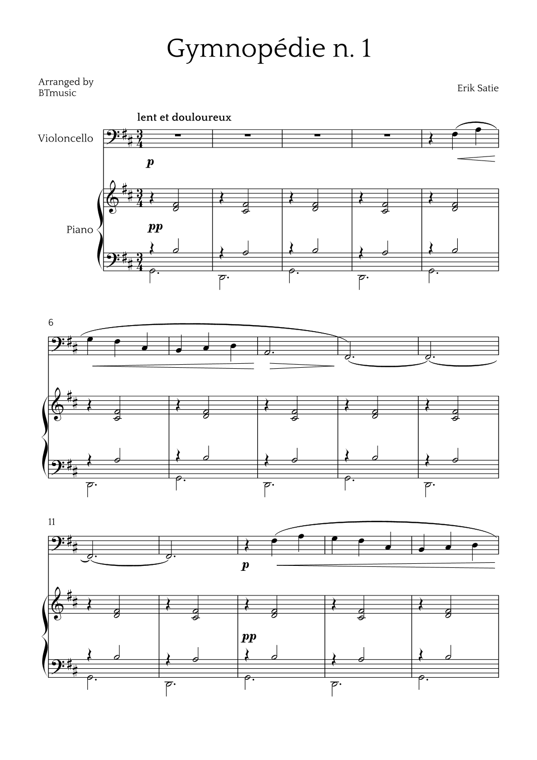 Gymnopédie N.1 - Cello and Piano (arr. BTmusic)