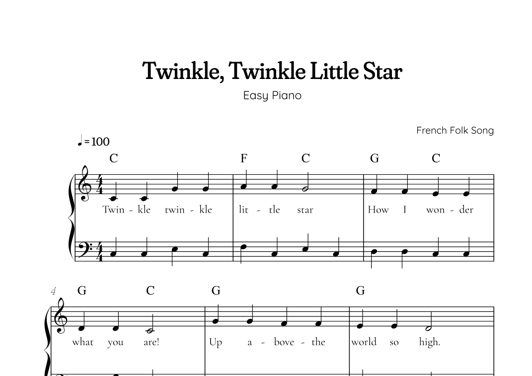 Twinkle, Twinkle Little Star • Easy piano music sheet in PDF with chords (arr. Benzaiten Editions)