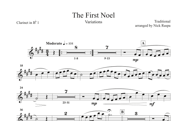 The First Noel (Variations for Full Orchestra) Clarinet in B flat 1 part (arr. Nick Raspa)