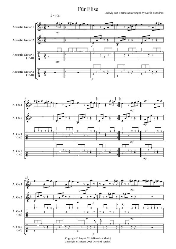 Fur Elise for Guitar Duet (arr. David Burndrett)