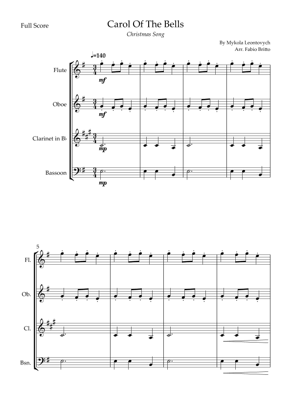 Carol Of The Bells (Christmas Song) for Woodwind Quartet (arr. Fabio Britto)