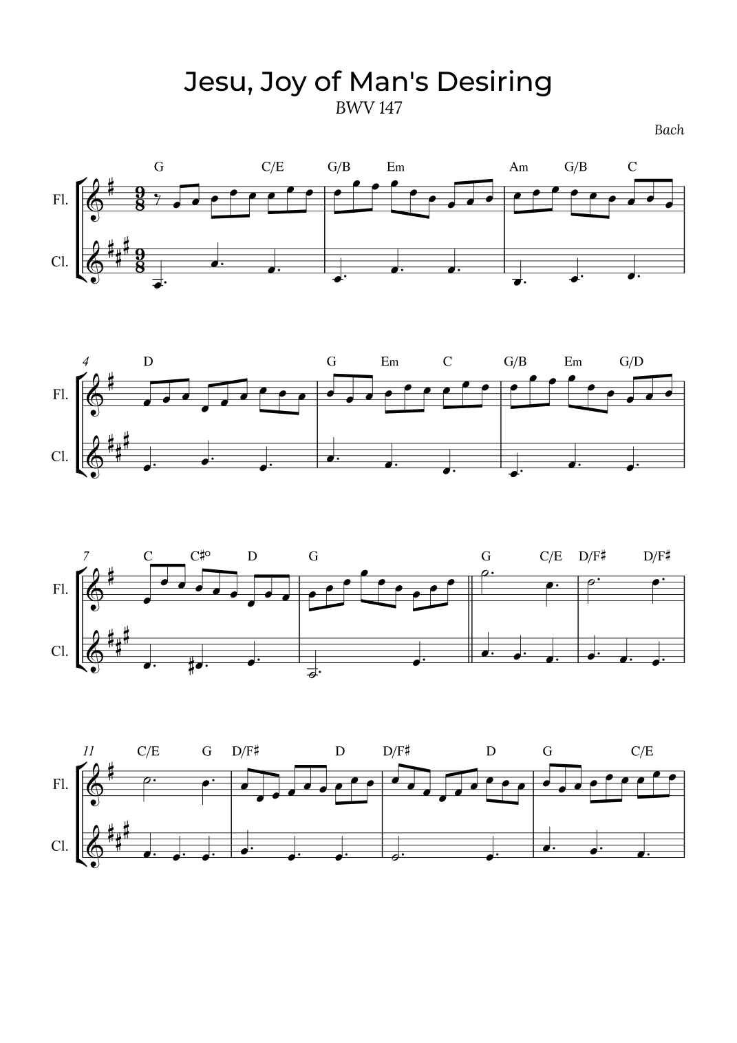 Jesu, Joy of Man's Desiring - Flute and Clarinet with chords (arr. Alex Nunes Rodrigues)