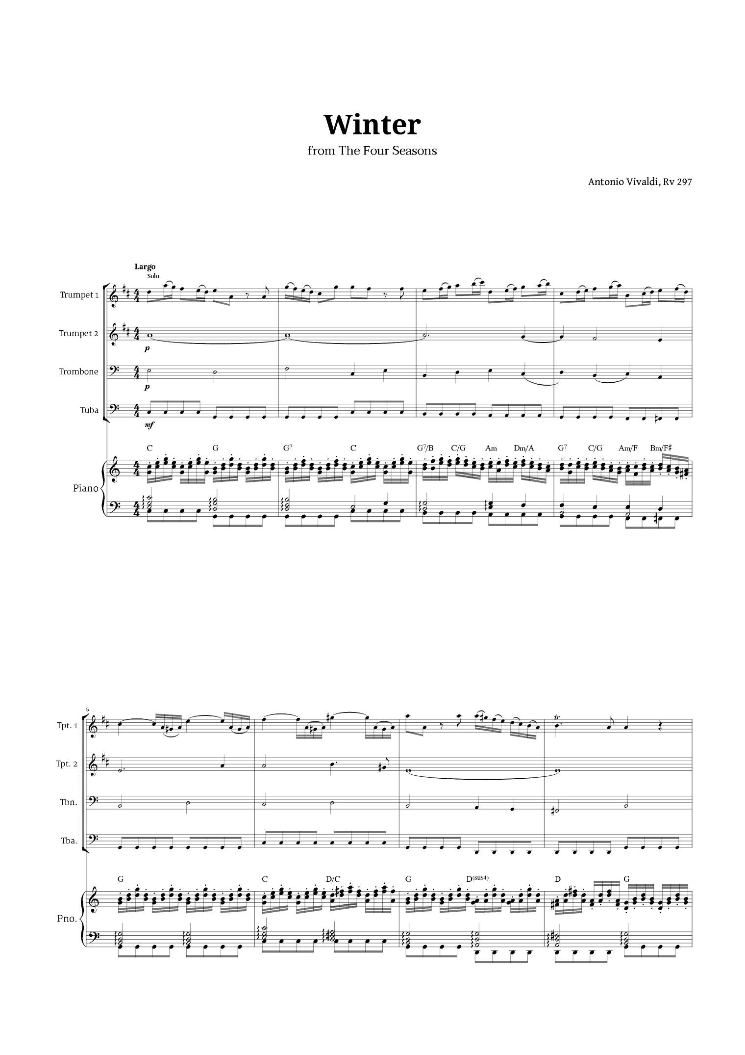 Largo from Winter by Vivaldi for Brass Quartet and Piano with Chords (arr. Langanho)