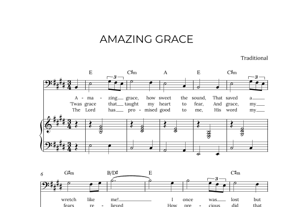 AMAZING GRACE - for piano and baritone in E major with chords (arr. Alex Nunes Rodrigues)