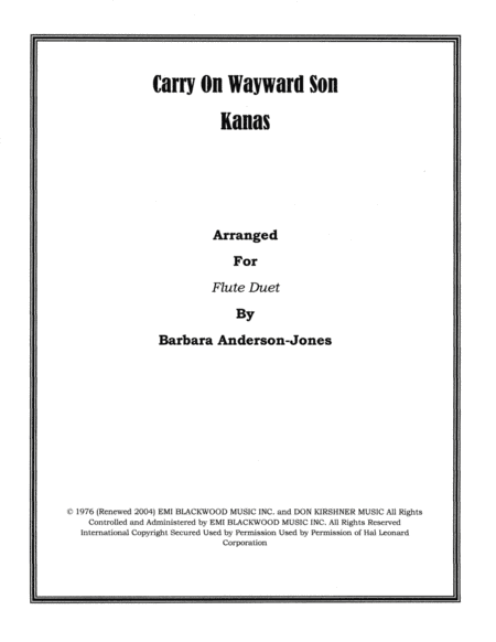 Carry On Wayward Son (arr. Barbara Anderson-Jones)