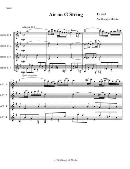 Air on G String for Clarinet Quartet (arr. Brandyn J. Metzko)