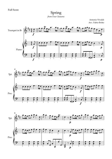 Spring (from Four Seasons of Antonio Vivaldi) for Trumpet in Bb Solo and Piano Accompaniment (arr. Fabio Britto)