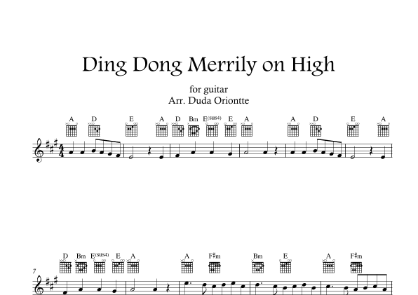 Ding Dong Merrily on High (A major - guitar TABS - no lyrics) (arr. Duda Oriontte)