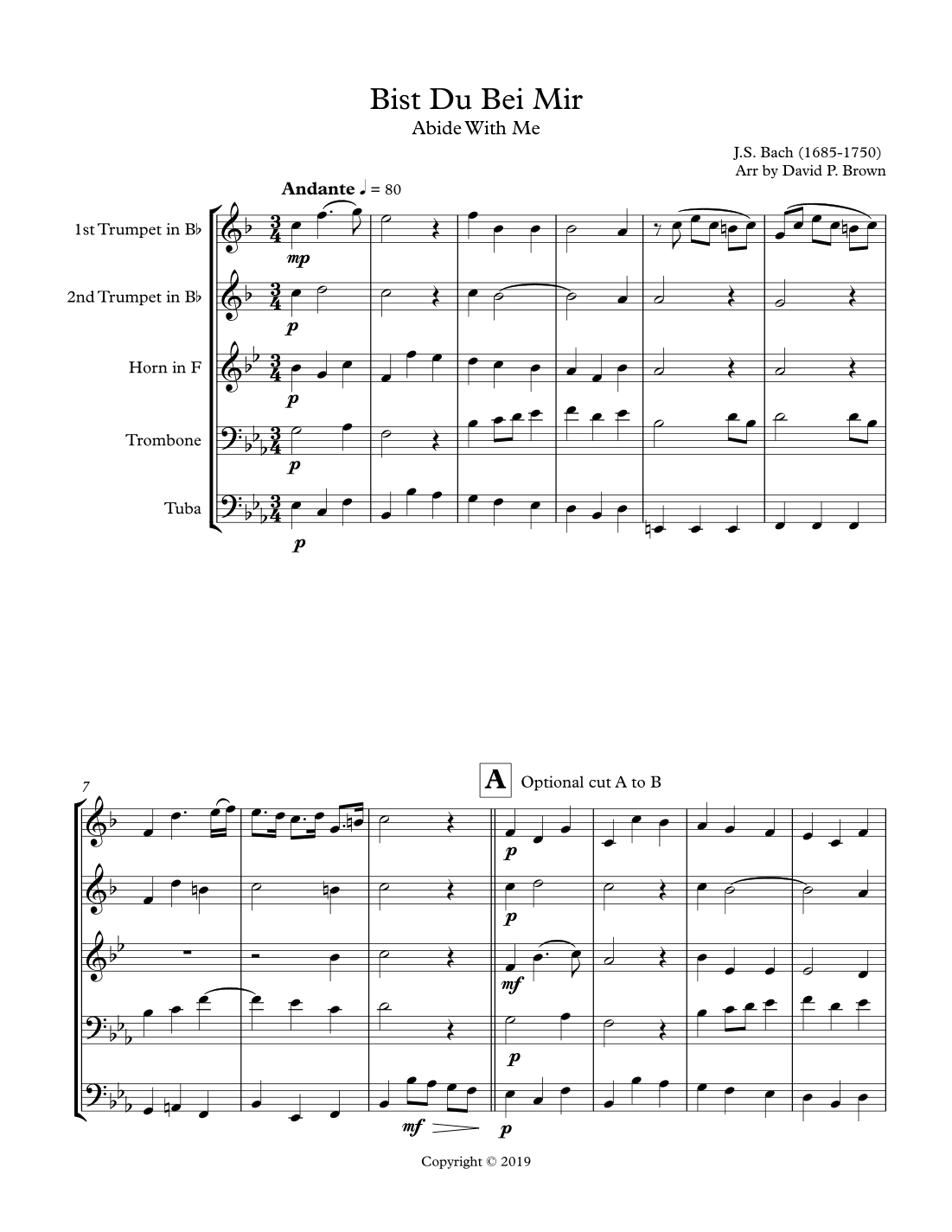 Bist Du Bei Mir for Brass Quintet (arr. David P. Brown)