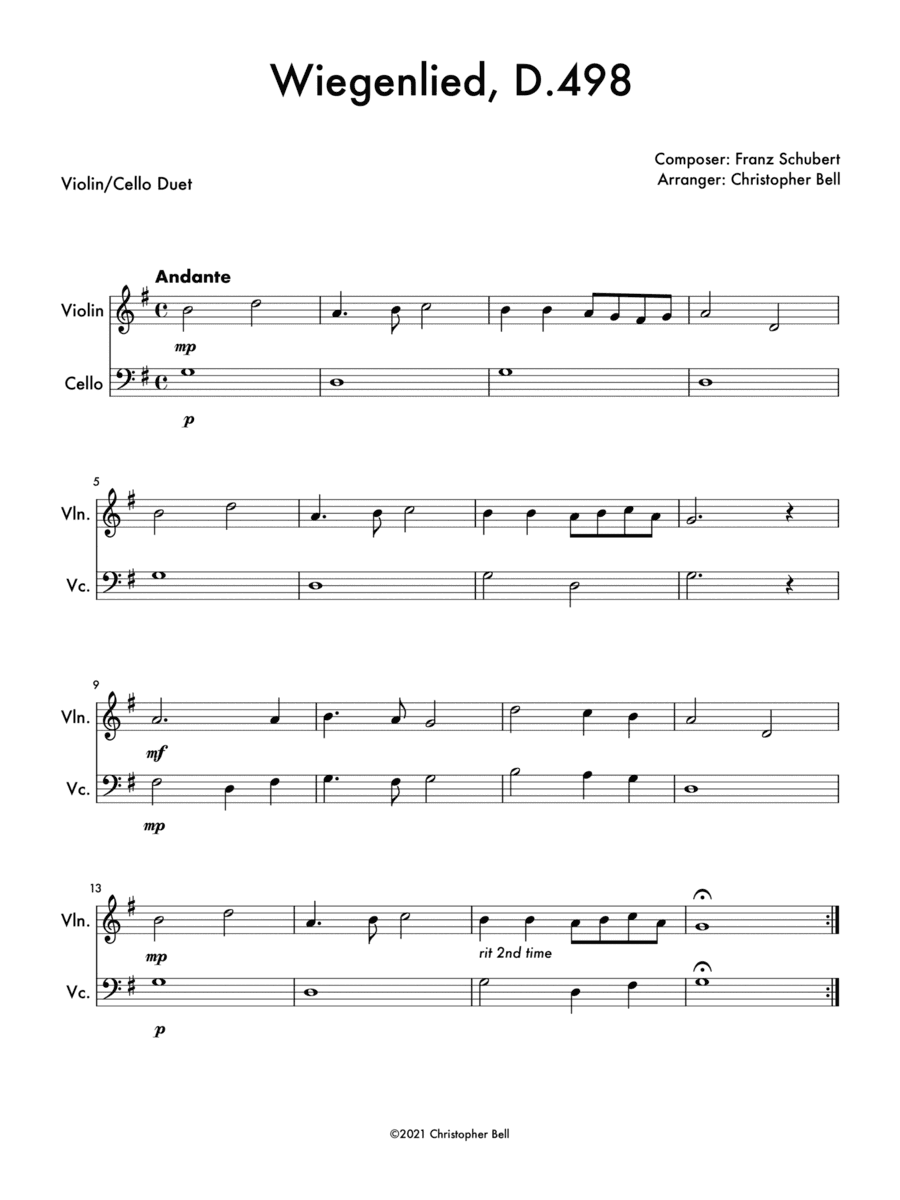 Wiegenlied, D.498 - Easy Violin/Cello Duet (arr. Christopher Bell)