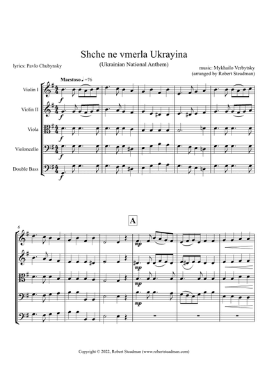 Shche ne vmerla Ukrayina (Ukrainian National Anthem) -  STRING ORCHESTRA - Score & Parts inc. (arr. Robert Steadman)