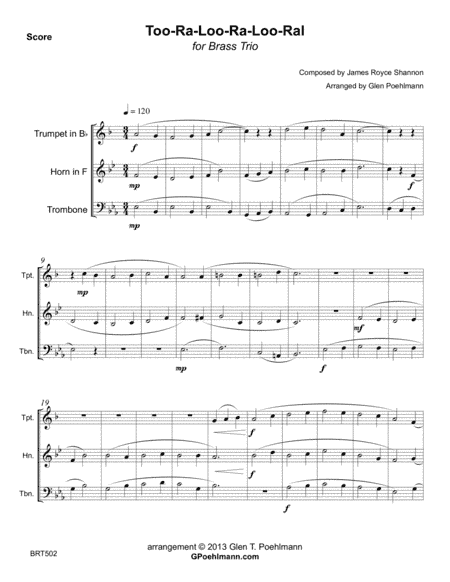 TOO RA LOO RA LOO RAL for BRASS TRIO (unaccompanied) (arr. Glen Poehlmann)