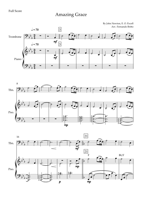 Amazing Grace for Trombone Solo and Piano Accompaniment with Chords (arr. Fernando Britto)