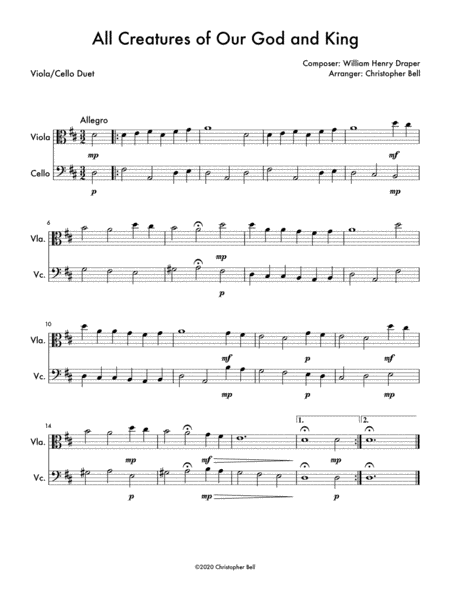 All Creatures of Our God and King (Easy Viola/Cello Duet) (arr. Christopher Bell)