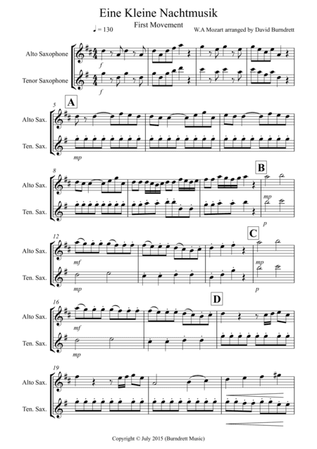 Eine Kleine Nachtmusik (first movement) for Alto and Tenor Saxophone Duet (arr. David Burndrett)