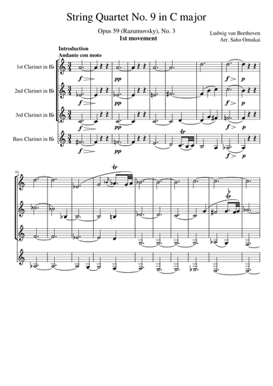 Ludwig van Beethoven: Quartet No.9 in C major Op.59 for 4 Clarinets (3Clarinets and Bass Clarinet). (arr. Saho Omukai)