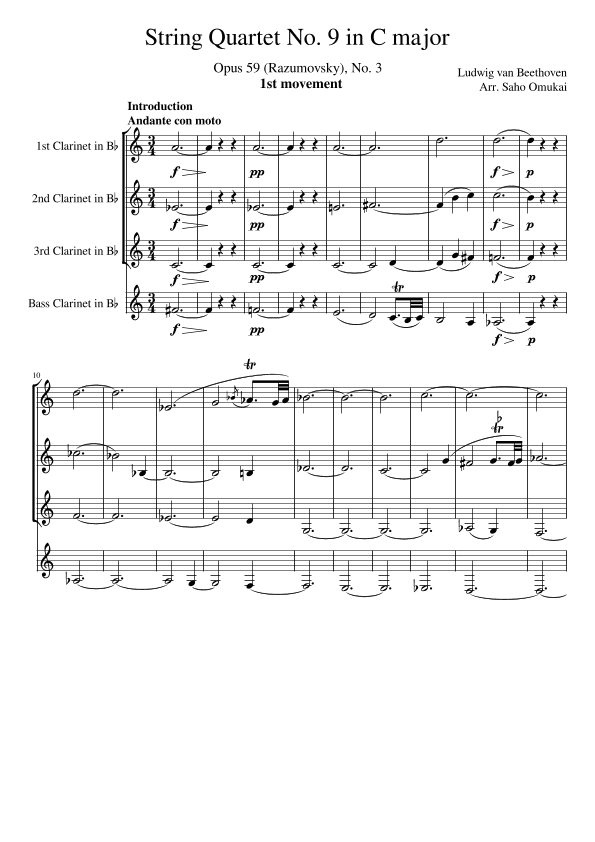Ludwig van Beethoven: Quartet No.9 in C major Op.59 for 4 Clarinets (3Clarinets and Bass Clarinet). (arr. Saho Omukai)