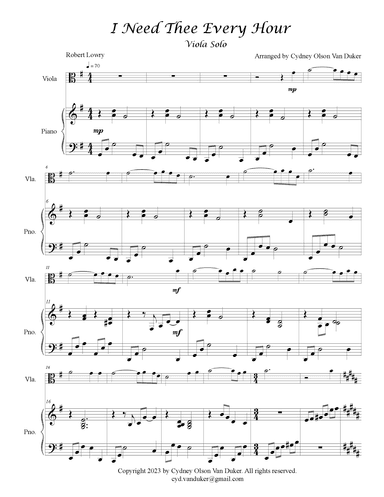 I need Thee Every Hour viola and piano (arr. Cydney Olson Van Duker)