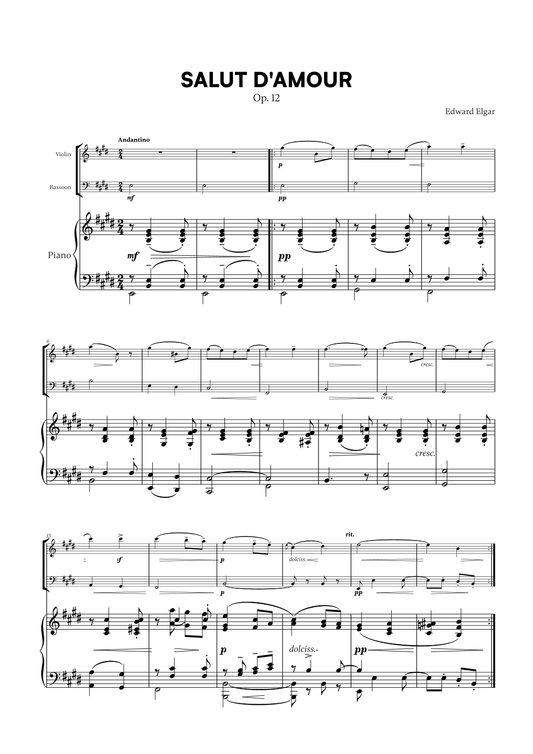 Edward Elgar - Salut d'Amour for Violin, Bassoon and Piano (arr. Cadenza Editions)