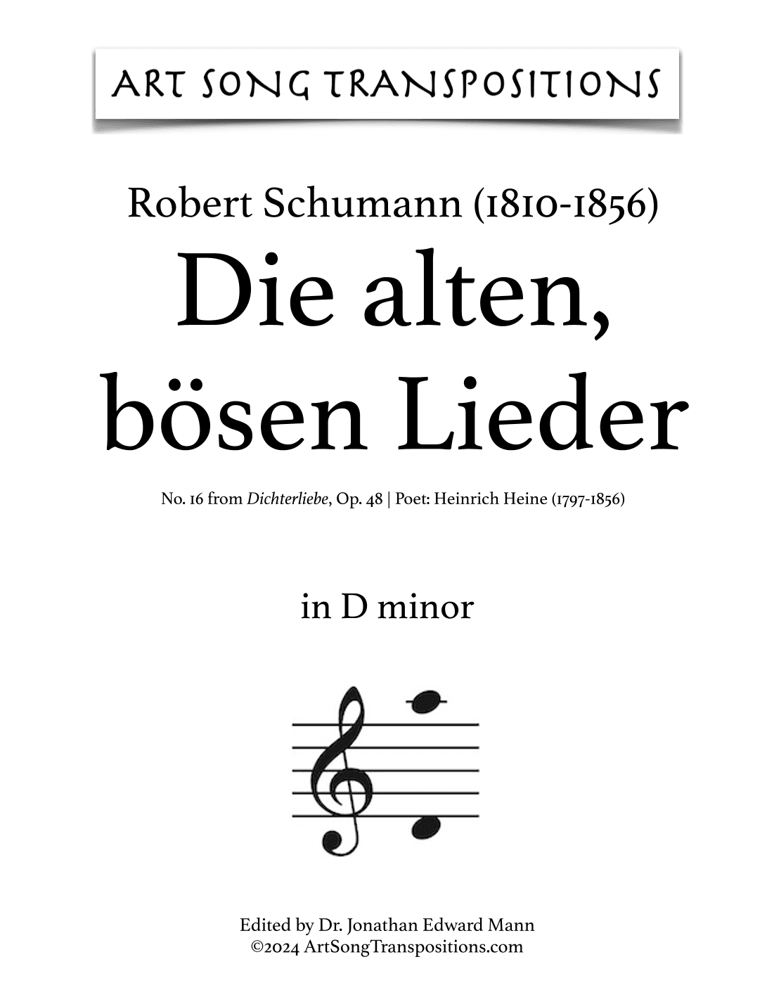 SCHUMANN: Die alten, bösen Lieder, Op. 48 no. 16 (transposed to B-flat minor, bass clef) (arr. ArtSongTranspositions.com)