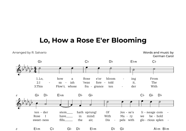 Lo, How a Rose E'er Blooming (Key of G-Flat Major) (arr. R. Salvario)